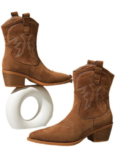 Retro embroidered block heel round toe mid-calf knight boots