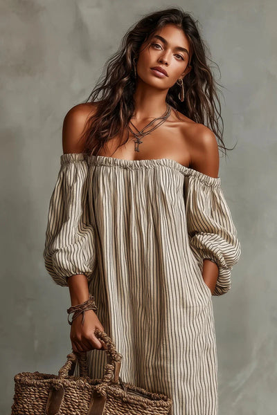 Beige Stripe Off-Shoulder Linen-Blend Maxi Dress