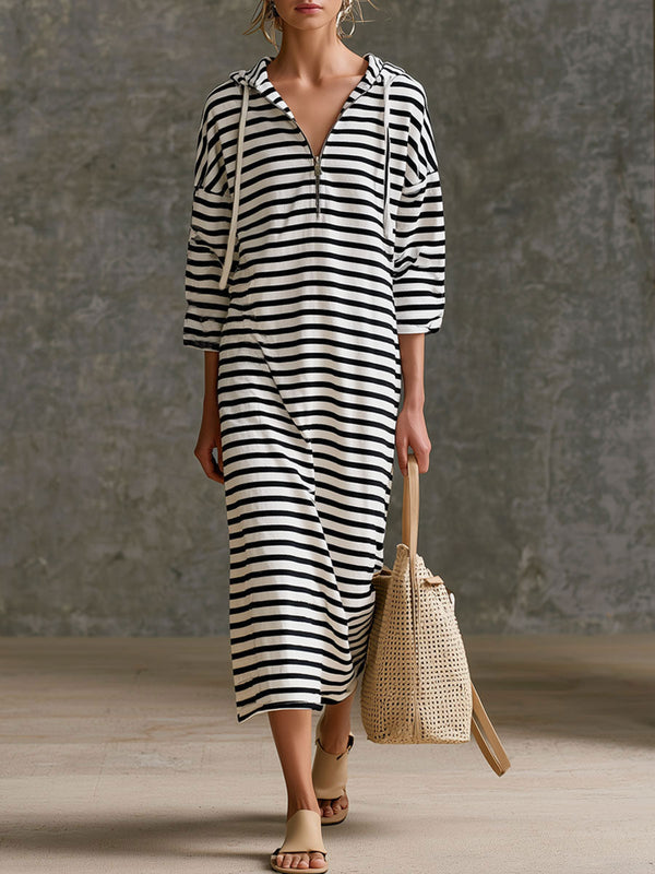 Striped Half-Zip Hooded Midi Dress