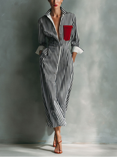 Blue And White Cotton Blend Striped Shirt Dress With Red Chest Pocket