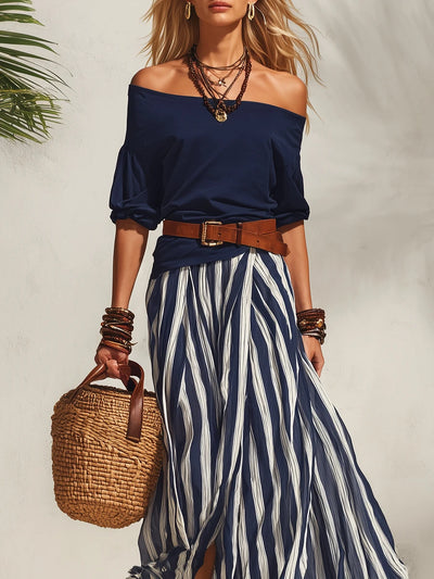 Off-the-shoulder Top & Slit Skirt Set