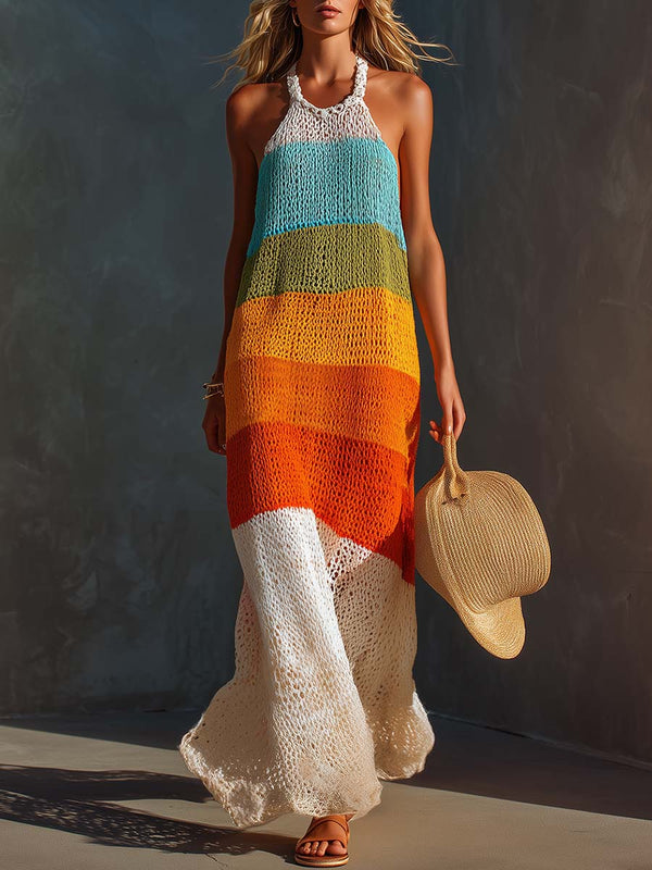 Colorful Halter Stripe Maxi Dress