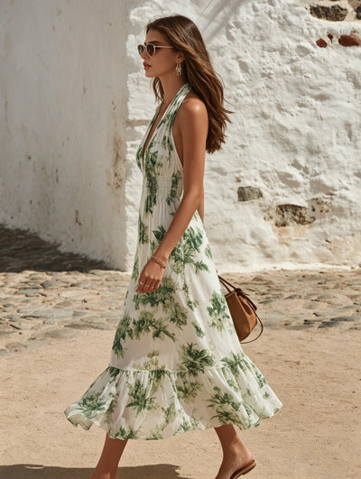 V-Neck Sleeveless Botanical Print Chiffon Midi Dress