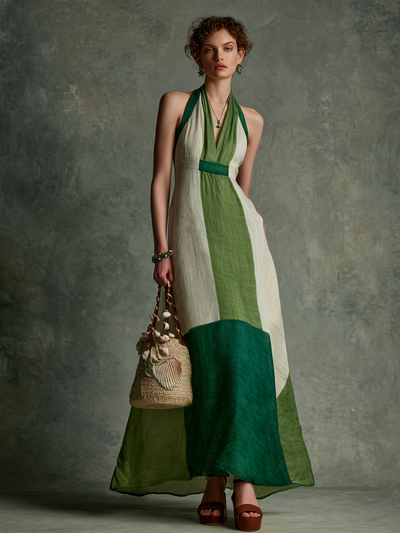 Green Horizon Color-Block Halter Maxi Dress