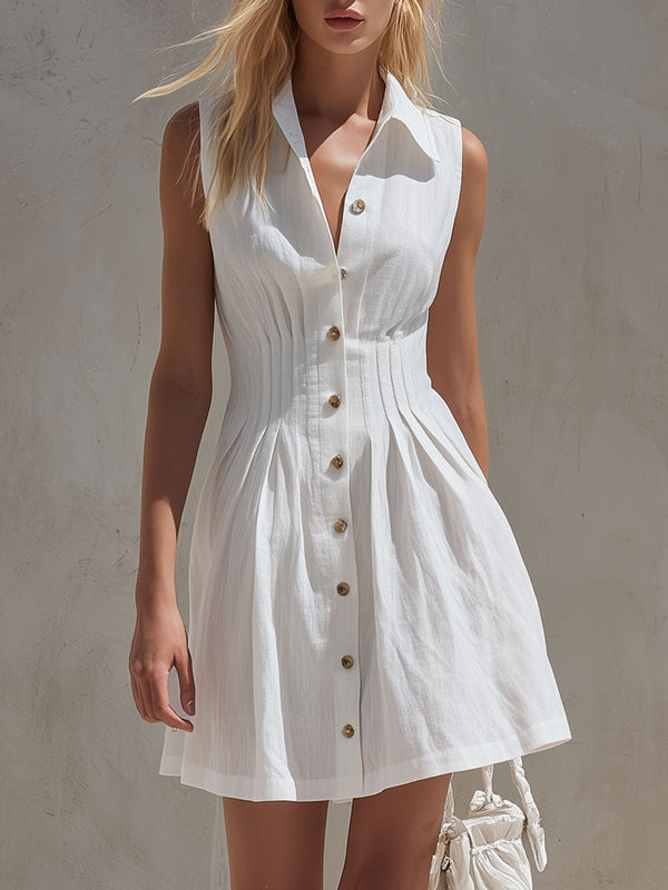 Retro Pleated Button Mini Dress