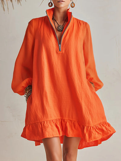 Orange Cotton Linen Long Sleeve  Mini Dress