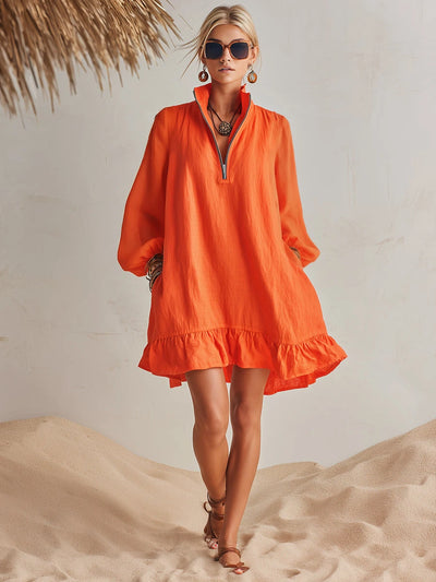 Orange Cotton Linen Long Sleeve  Mini Dress