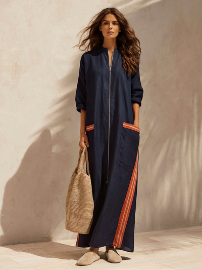 Contrast Stripe Half-Zip Maxi Dress