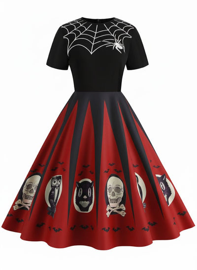 Halloween Spider Web Print Patchwork Dress