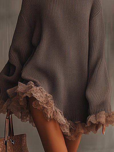 Brown Ruffled Hem Turtleneck Sweater Dress