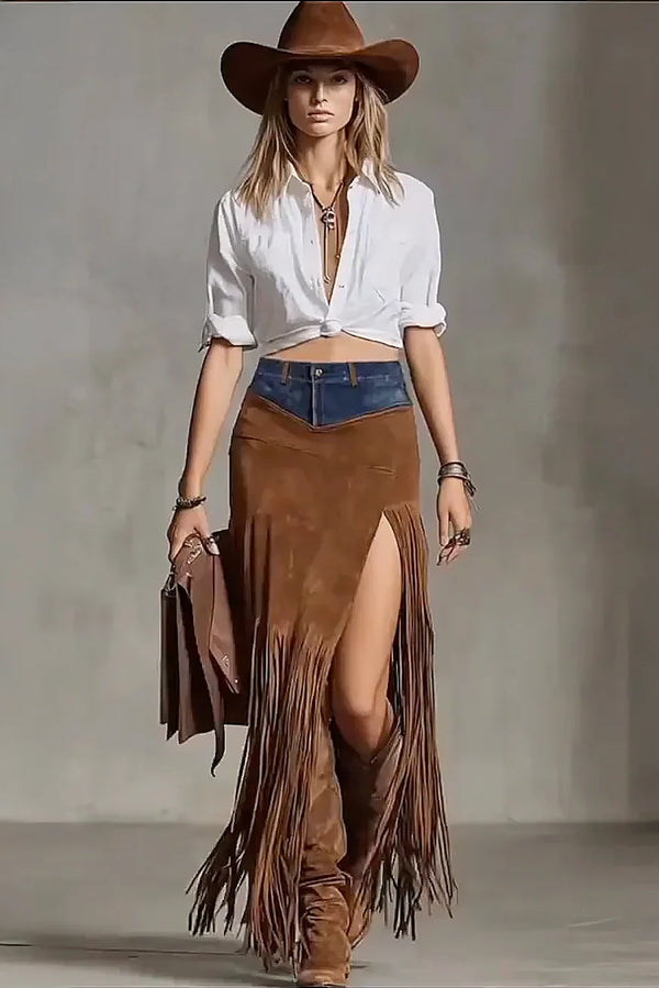 Suede Fringe Maxi Skirt