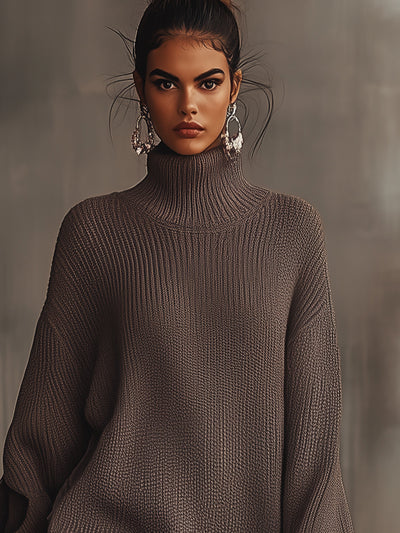 Brown Ruffled Hem Turtleneck Sweater Dress