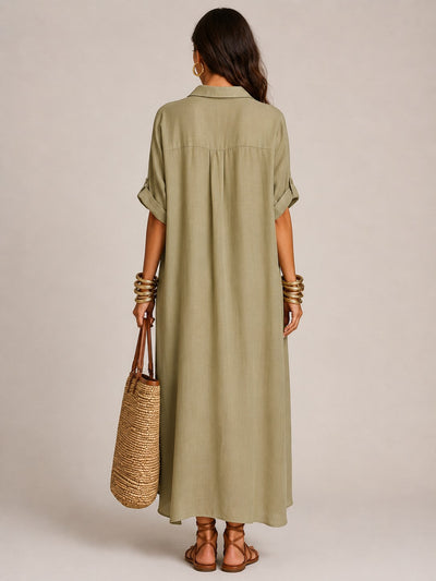 Linen-Blend Short-Sleeve Shirt Maxi Dress
