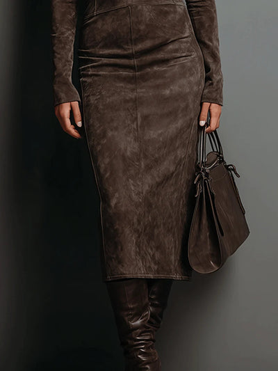 High Neck Long Sleeve Suede Midi Dress