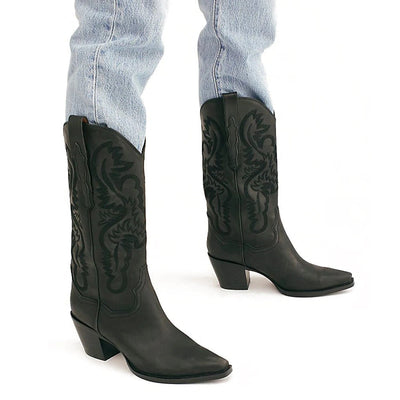 Embroidered Pointed Toe Thick Heel Western Boots