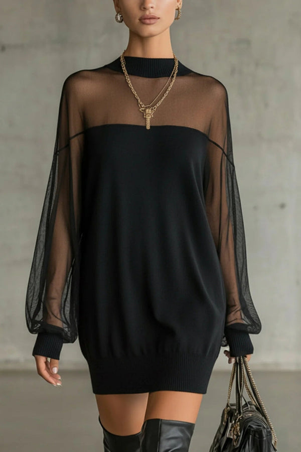 Sheer-Sleeve High-Neck Mini Dress