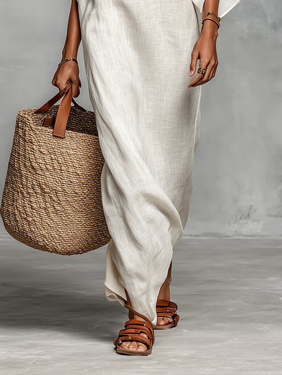 Women's Minimalist Off-Shoulder Batwing Sleeve Linen Maxi Dress