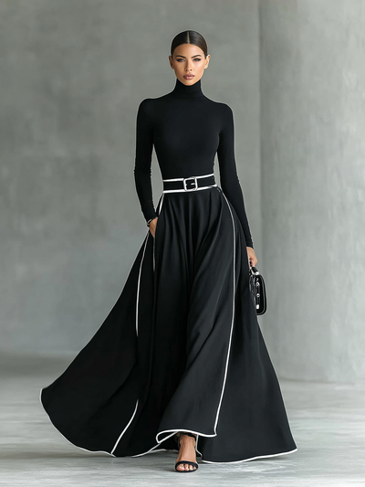 Women's Black Stitching White Trim High Collar Long Sleeve Tight Belt Maxi Dress
