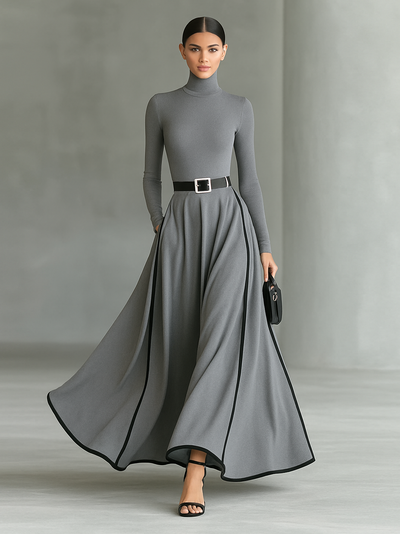 Women's Black Stitching White Trim High Collar Long Sleeve Tight Belt Maxi Dress