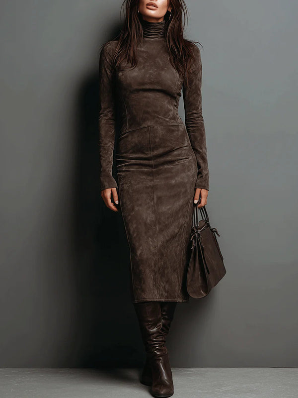 High Neck Long Sleeve Suede Midi Dress