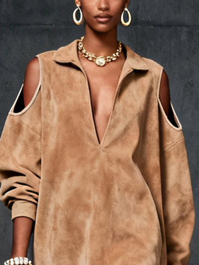 Camel Faux Suede Cold-Shoulder Mini Dress