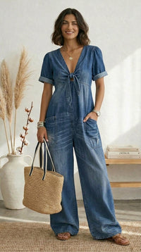 Lola | Blue V-Neck Wide-Leg Jumpsuit