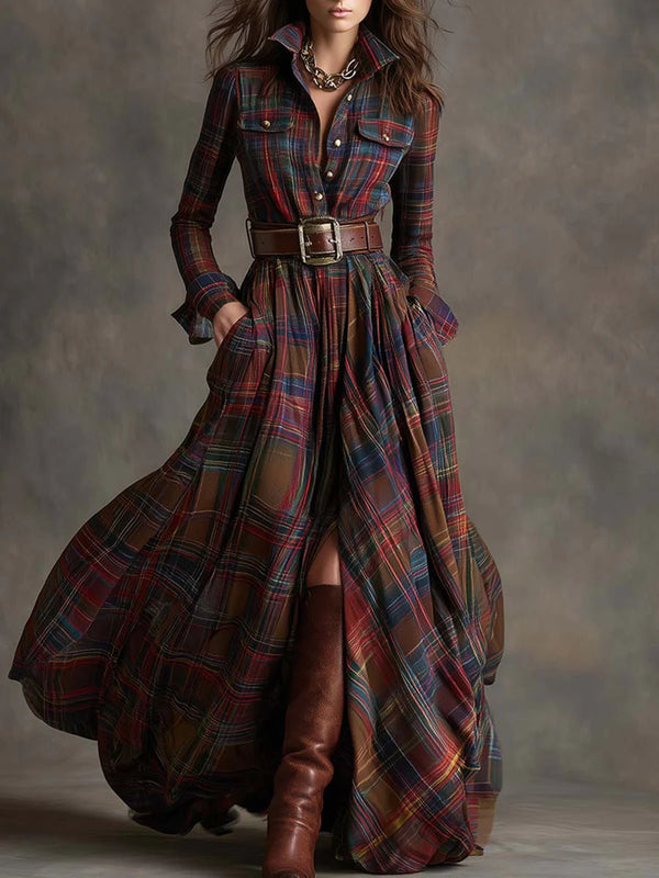 Retro lapel reddish brown plaid maxi dress