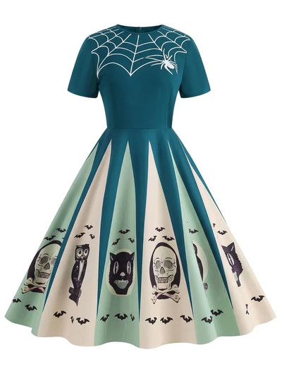 Halloween Spider Web Print Patchwork Dress