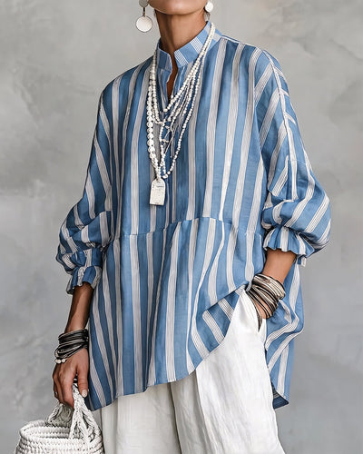 Ruffle Stand Collar Striped Babydoll Top