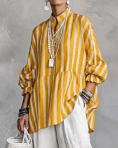 Ruffle Stand Collar Striped Babydoll Top