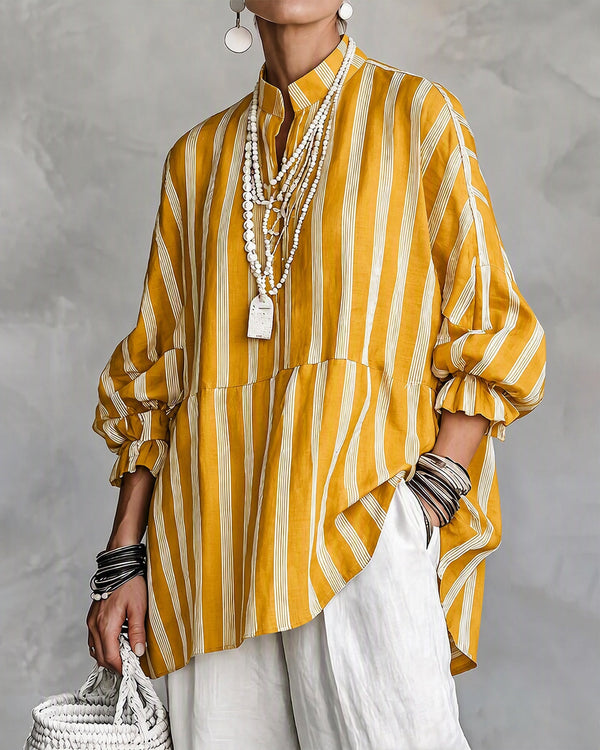 Ruffle Stand Collar Striped Babydoll Top