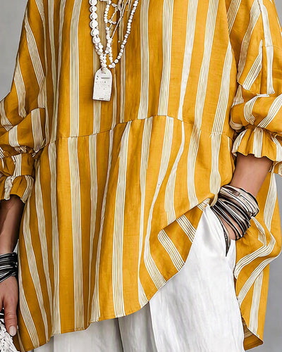 Ruffle Stand Collar Striped Babydoll Top