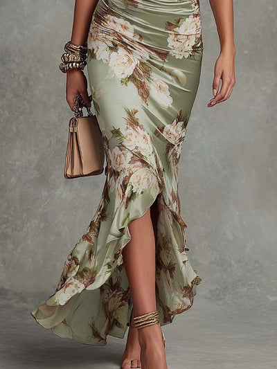 Green Floral Ruffled Bell Sleeve V-neck Satin Asymmetrical Maxi Dress