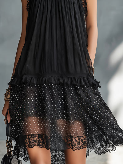 Black Lace-trimmed Ruffled Sheer Polka Dot Mini Dress