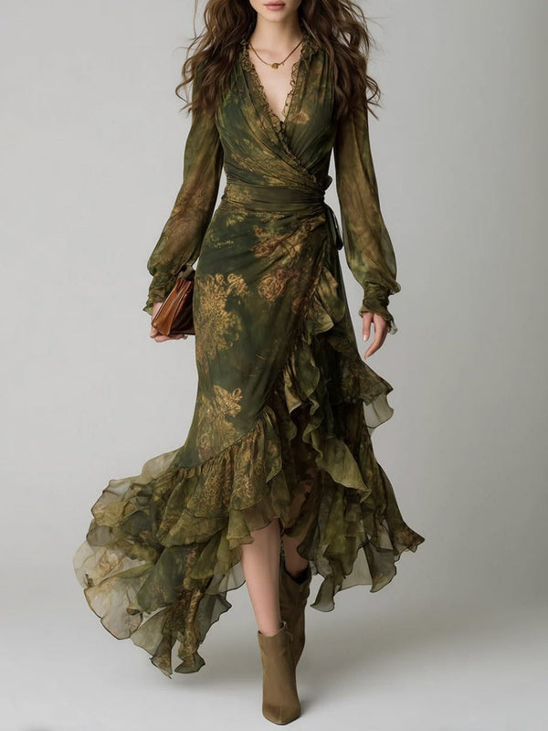 Floral Ruffle Chiffon Maxi Dress