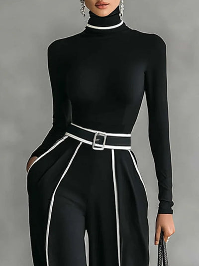 White Trim High-neck Long-sleeved Top With Wide-leg Pants and Belt Set