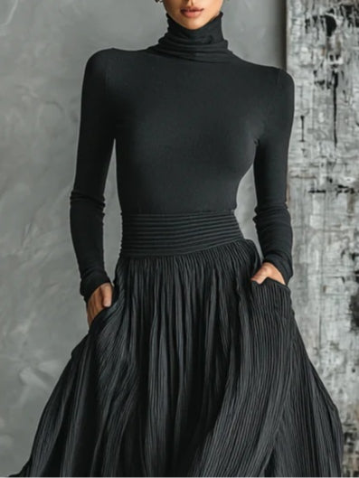 Fashion All Black Skinny Turtleneck T-shirt Pleated Skirt Set hover
