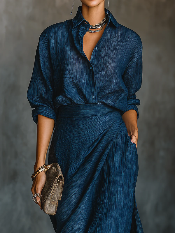 Elegant Dark Blue Cotton And Linen Blend Shirt Long Skirt Set hover