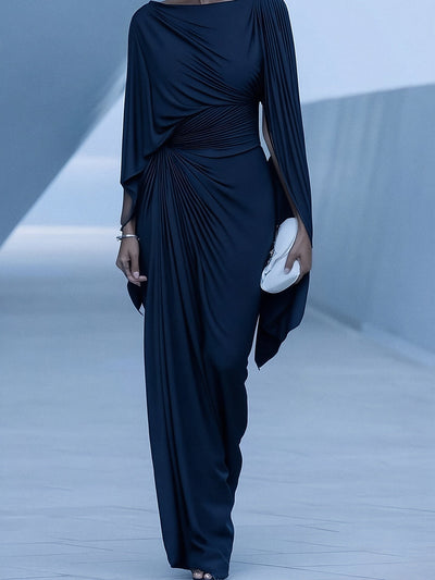 Dark Blue Pleated Cape Draped Maxi Dress