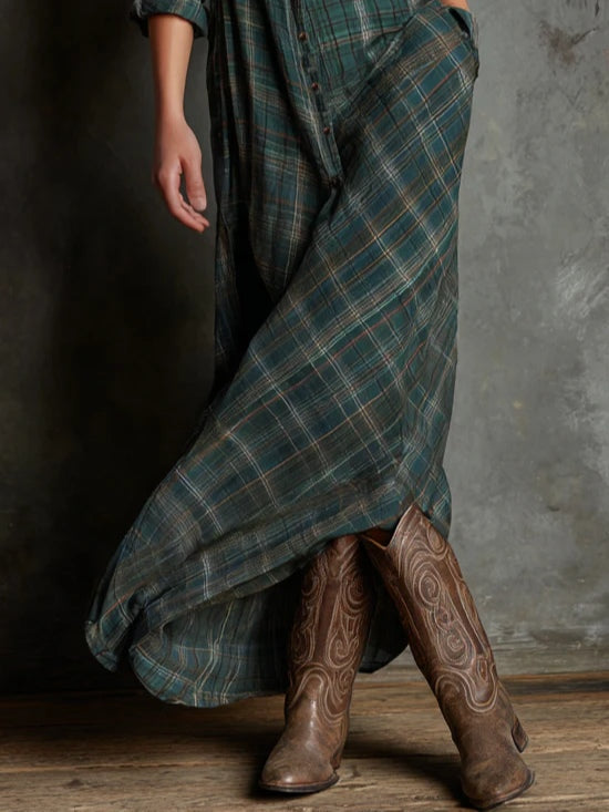 Green Plaid Lapel Single-Breasted Shirt Long Dress hover