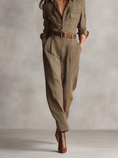 Brown Sophisticated Tweed Texture Plaid Utility Jumpsuit
