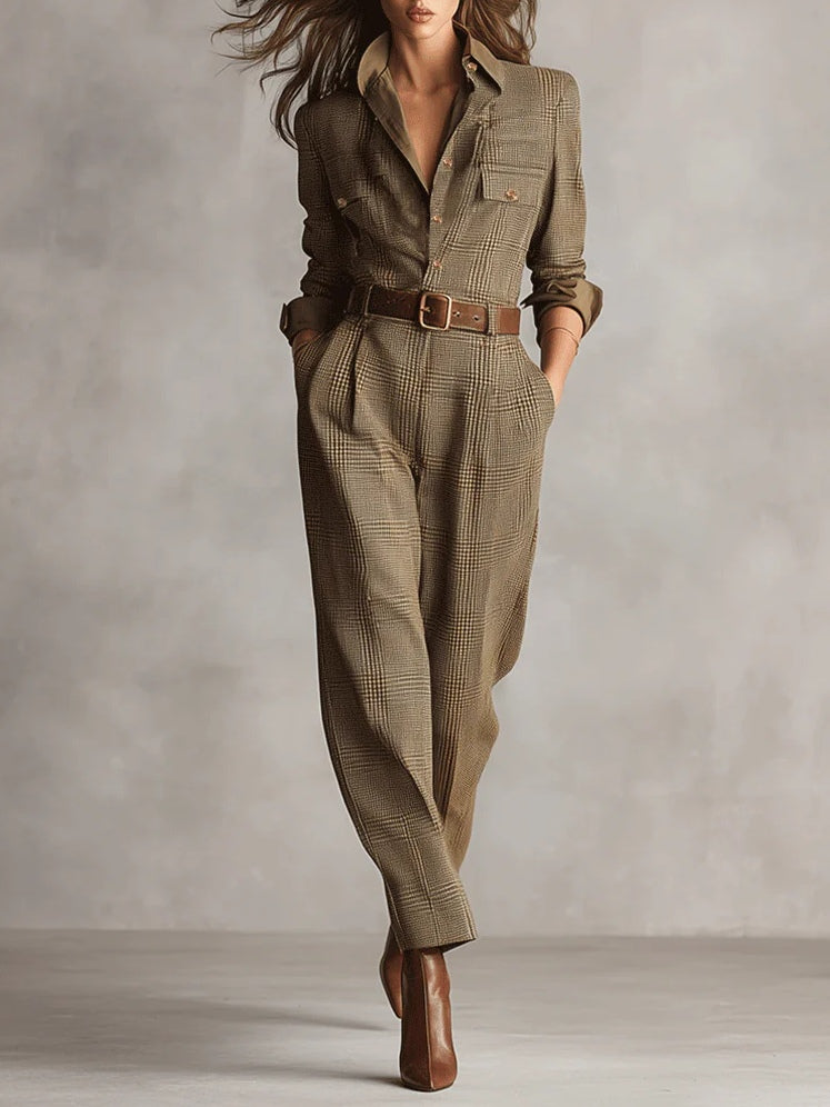 Brown Sophisticated Tweed Texture Plaid Utility Jumpsuit