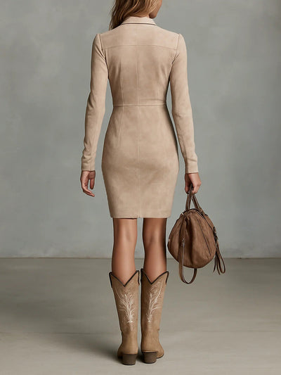 Beige Slim Suede Neck Floral Lapel Midi Dress