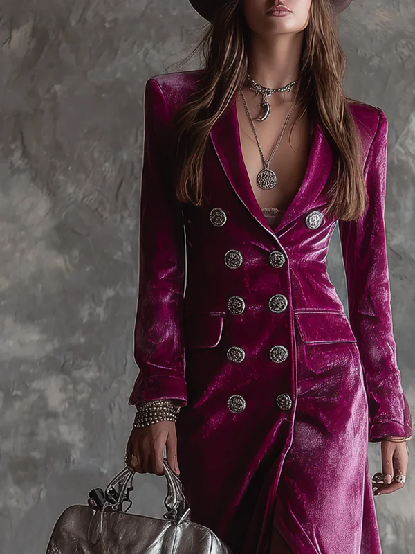 Purple Button-Down Velvet Long Blazer Maxi Dress hover