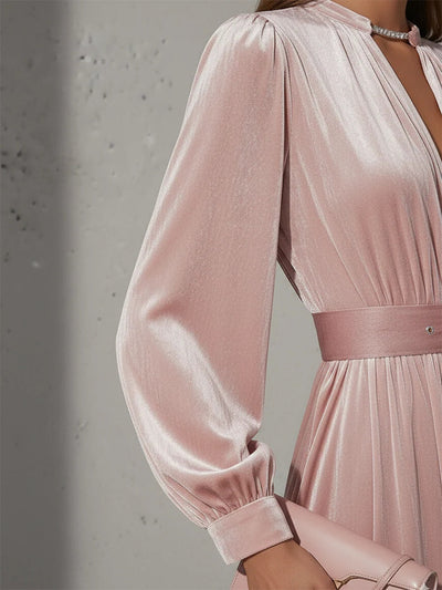 Elegant Light Pink V-Neck Velvet Maxi Dress