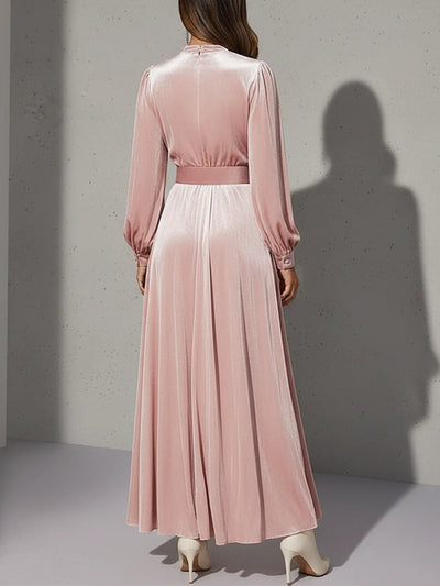 Elegant Light Pink V-Neck Velvet Maxi Dress