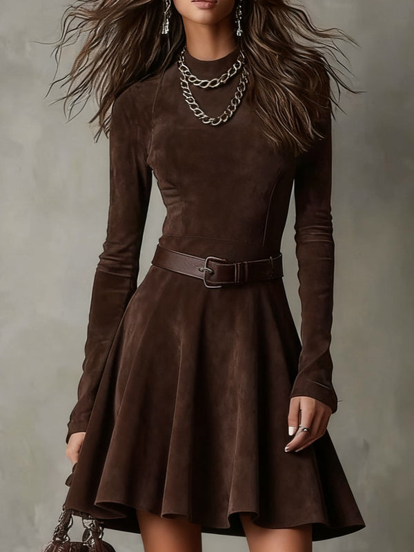 Vintage Dark Brown Suede Mock Neck Mini Dress hover