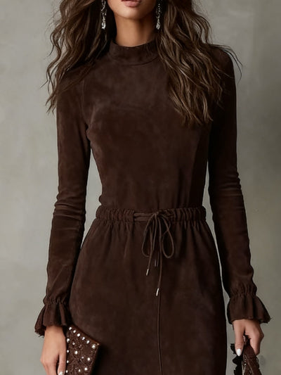 Elegant Dark Brown Suede Drawstring Irregular Midi Dress