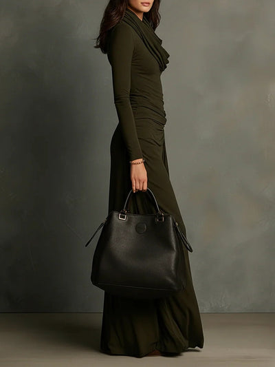 Olive Green Turtleneck Pleated Maxi Dress