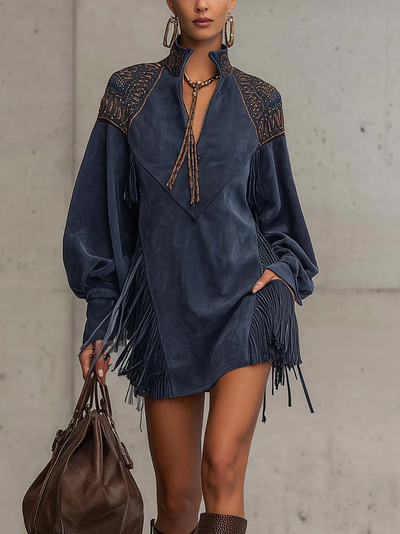 Indigo Faux Suede Embroidered Tassel Mini Dress